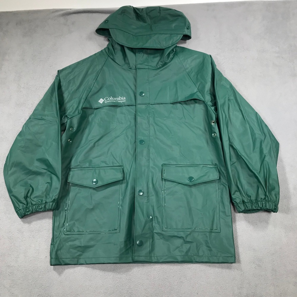 Columbia Rain Jacket Youth Medium Green Good Hooded PVC Waterproof Rain Coat